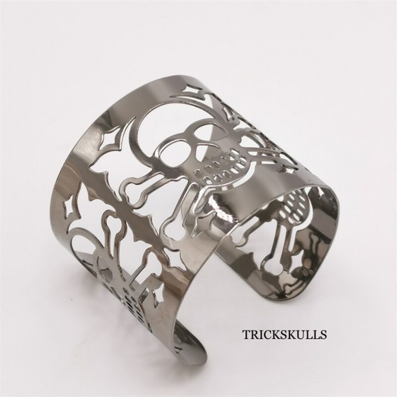 Laser Cut Skull Wrist Cuff Stainless Steel Adjustable Wrap 2 Inch Wide Bracelet - Picture 7 of 7